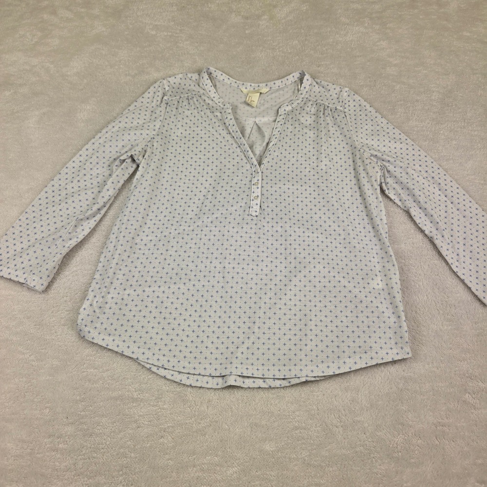 HM Womens White Blue Geometric Cross Print Long Sleeve Henley Shirt Small